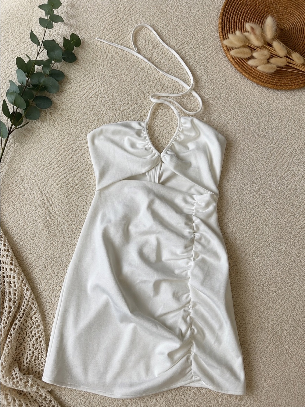 Zara White Halter-Keyhole Ruched Mini Dress